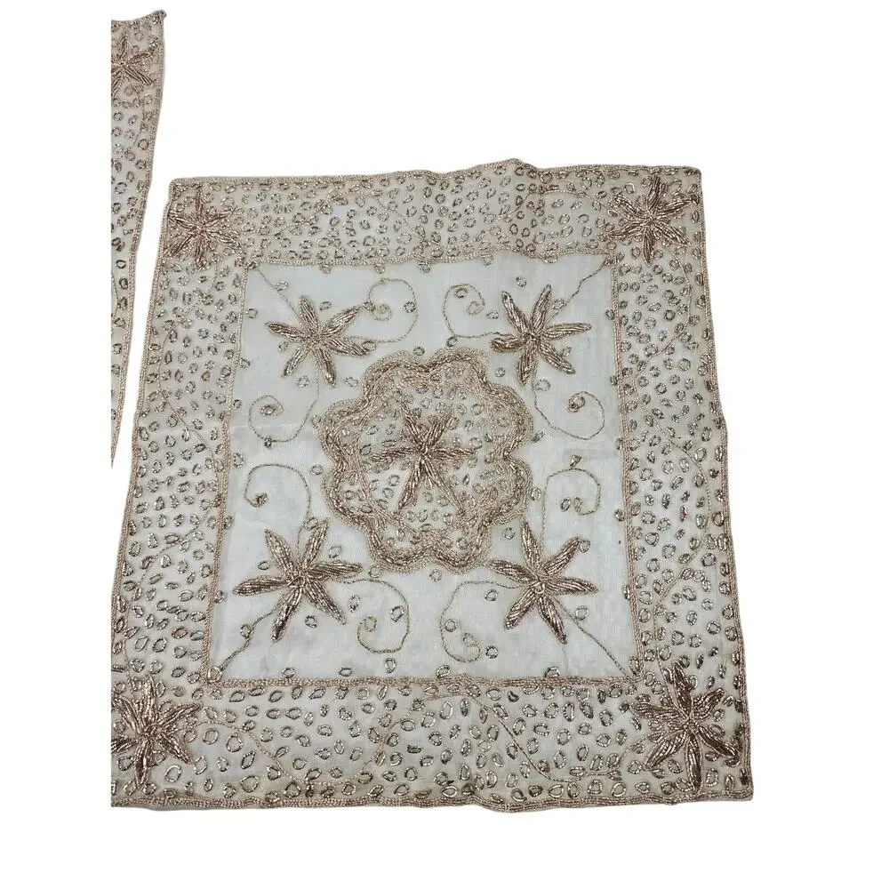 Table Runner and 2 Place Mats Embroidered Gold Beaded Accents, Indian or Persian